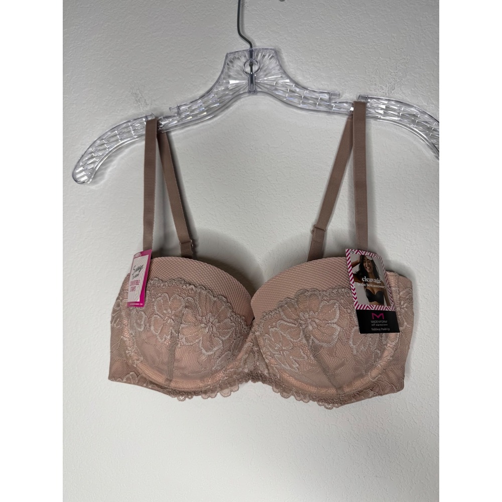 Maidenform Blush Pink Strapless Multiway Push Up Bra 34D‎ Nude Lace 5-Way Strap